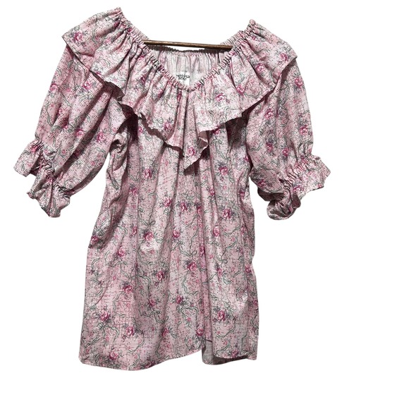 VTG Cross Eyed Cricket Womens XL Pink Floral Ruffle Peasant Blouse Cottagecore - Picture 1 of 8